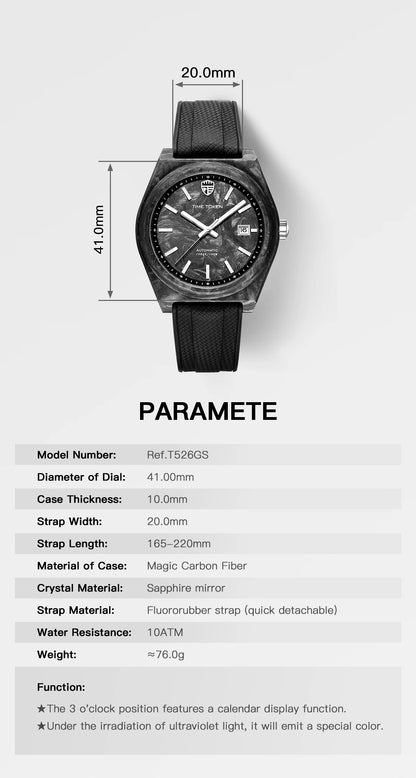 Reloj automático luminoso de fibra de carbono de 40mm, lujo, 100m, impermeable, reloj de buceo automático para hombre con movimiento Japan Miyota 8215