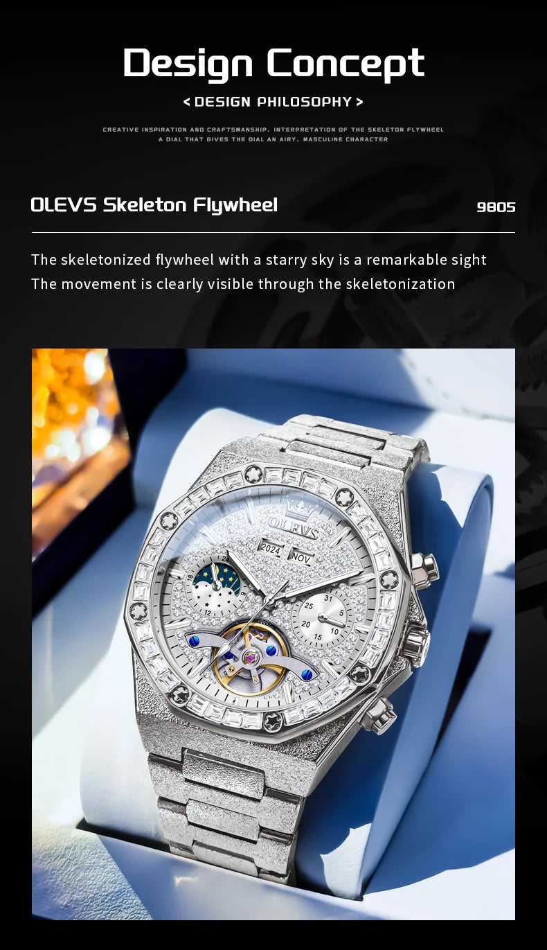 OLEVS 9805 Skeleton Automatic Man Watch Luxury Fashion Matte Texture Full Diamond Moon Phase Waterproof Mechanical Wristwatches