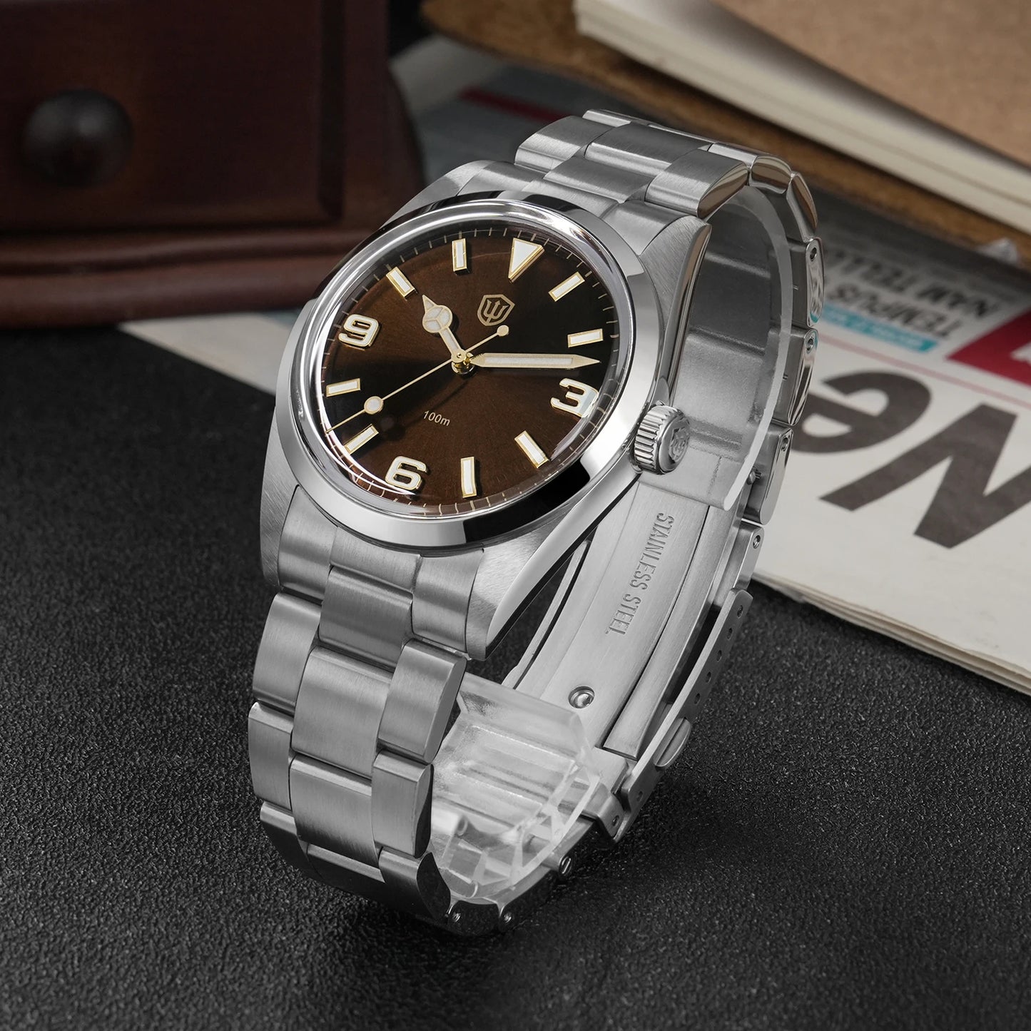 Relógio Watchdives WD1016 V3 37mm com movimento VH31 Sweep em aço inoxidável, safira de luxo, impermeável 100m, relógio para homem com caixa de oferta