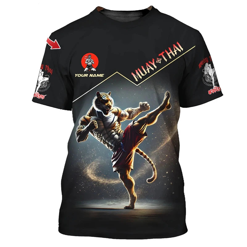 Camiseta gráfica nueva y moderna de Muay Thai para hombre, con estampado 3D de tigre y dragón, nombre personalizado, estilo único, camiseta de verano para gimnasio y fitness
