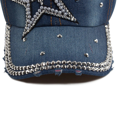 Y2K Pentagram Denim Cloth Baseball Cap Women Fashion Vintage Snapback Men Female Hip hop Shiny Rhinestone Hat For Spring Autumn