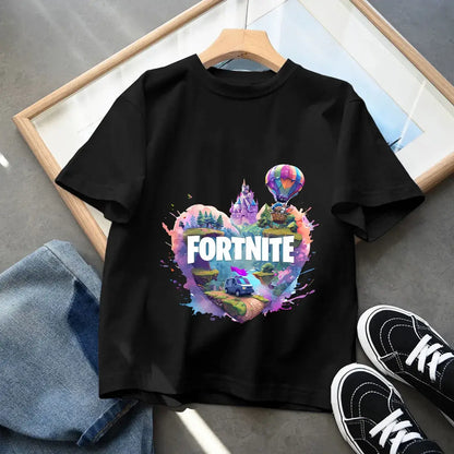 Fortnites Kids Black Cotton T Shirt Fortress Night Baby Short Sleeve Tees Shirt Cartoon Boy Girl Summer Clothes Kawaii Tops Gift