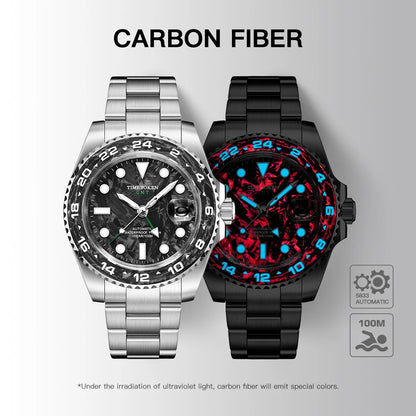Carbon Fiber Watches Men 10Bar Waterproof Watch GMT Automatic Watches Luminous Calendar Diving Watch 41MM Watches for Man reloj