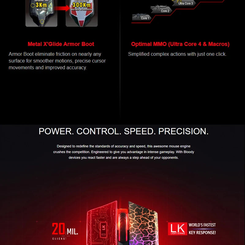 A4TECH A70 Bloody Light Strike Black Gaming Mouse, 100-6200 CPI Adjustable, 6 Sniper Modes, Durable X Glide Metal Armor Boot