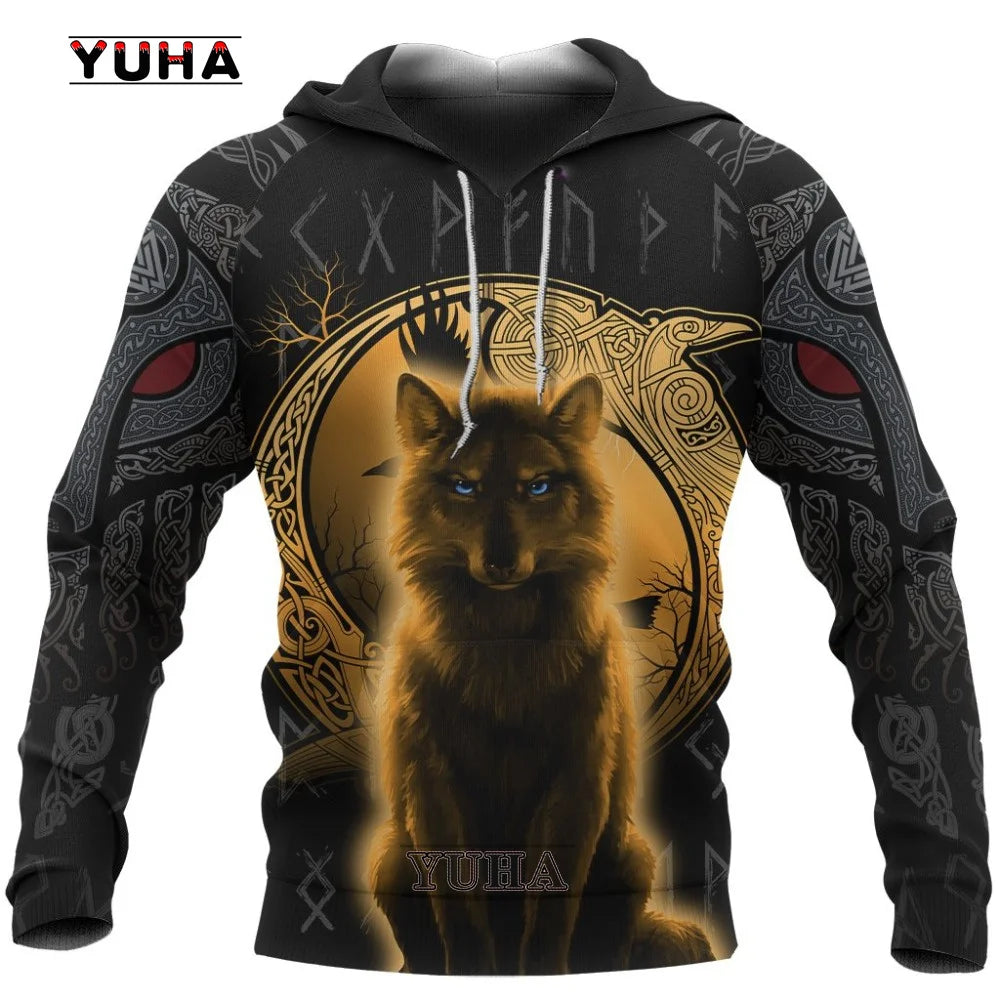 Felpa con cappuccio e felpa da uomo unisex casual autunnale New Wolf Tattoo Vegvisir nero bianco 3D con stampa integrale
