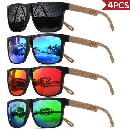 4PCS Wood Grain Spring Hinge Sunglasses - Classic Retro Square Frame, UV400 Unisex Comfort Fit for Daily Casual Wear