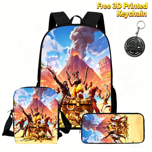 Conjunto de mochila infantil 3 peças, mala a tiracolo e estojo, mala FORTNITE com desenhos, leve para meninos e meninas dos 5 aos 10 anos, porta-chaves 3D impresso grátis