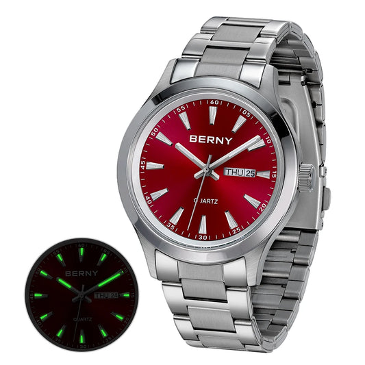 BERNY Men Quartz Watch  Fashion Texture Wristwatch for Men Ultra Thin Men Watch Calendar Luminous Stainless Steel Dress Watches