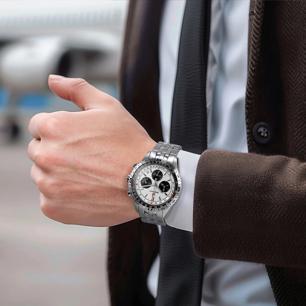 BERNY Chronographenuhr für Herren – Multifunktionale Quarzuhr im Aviation-Stil mit Datumsanzeige, Saphirglas und hervorragender Leuchtkraft – Luxuriöse Armbanduhr für Herren