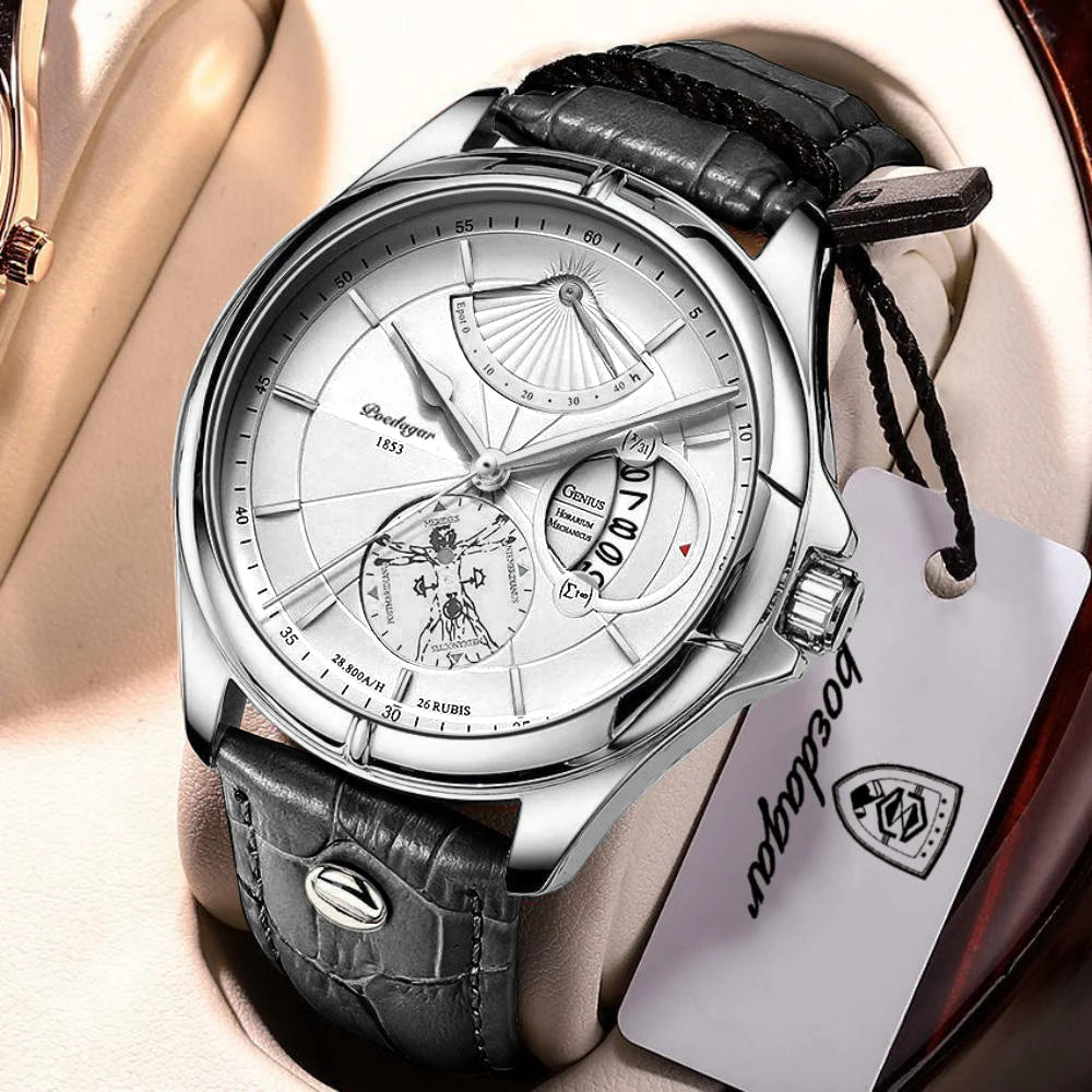 Montre-bracelet à quartz POEDAGAR pour homme – Style business, luxe, étanche, lumineuse, avec affichage de la date et bracelet en cuir – Montre élégante pour homme