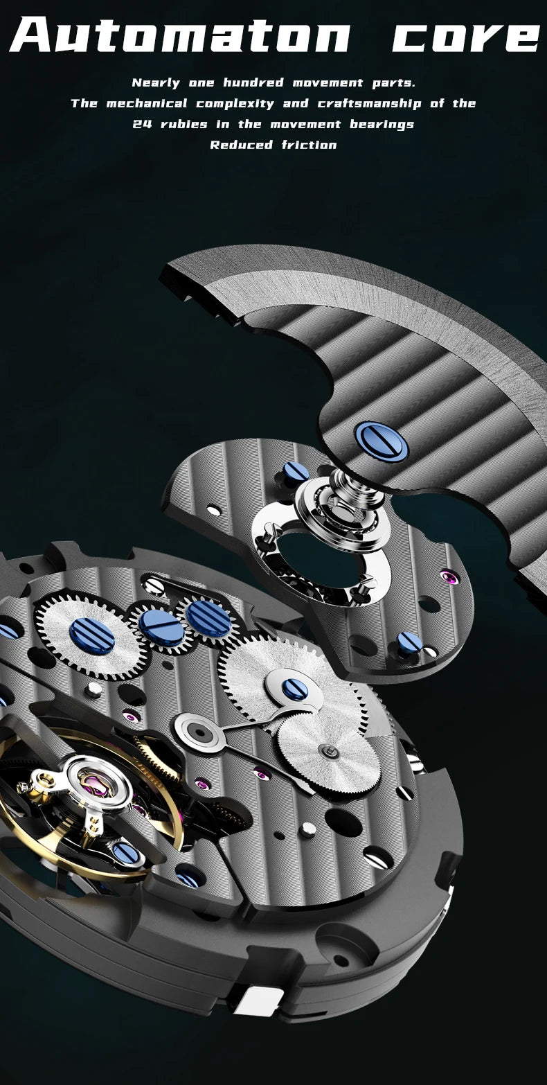 GELATU 6016 High-end Full Diamond Automatic Mechanical Watch for Men Multifunction Hollow Silicone Strap Men's Wristwatches