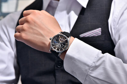 PAGANI DESIGN – Luxe mechanisch herenhorloge, 41 mm, saffierglas, leren band, waterdicht, pilotenstijl, met tourbillon en maanfase