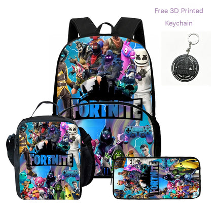 Conjunto FORTNITE leve de 3 peças: mochila com bolso frontal, lancheira e estojo, com porta-chaves 3D impresso grátis, para meninos, meninas e crianças dos 5 aos 10 anos