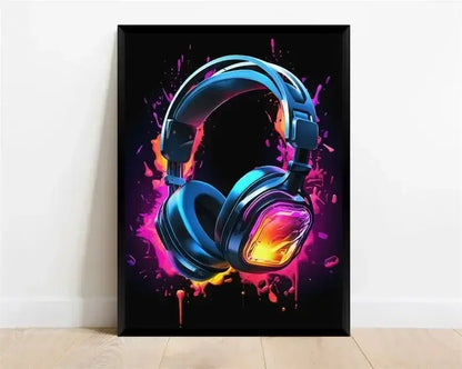 Pop-Neon-Poster mit Videospiel-Charakter, Gamepad, Kopfhörern, Fußball und Basketball – Leinwanddruck, Wandkunst-Dekor für das Gaming-Zimmer