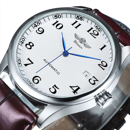 WINNER Men’s Watch – Classic, retro and elegant style – Automatic mechanical watch with date display – Luxury brand, steel case and leather strap