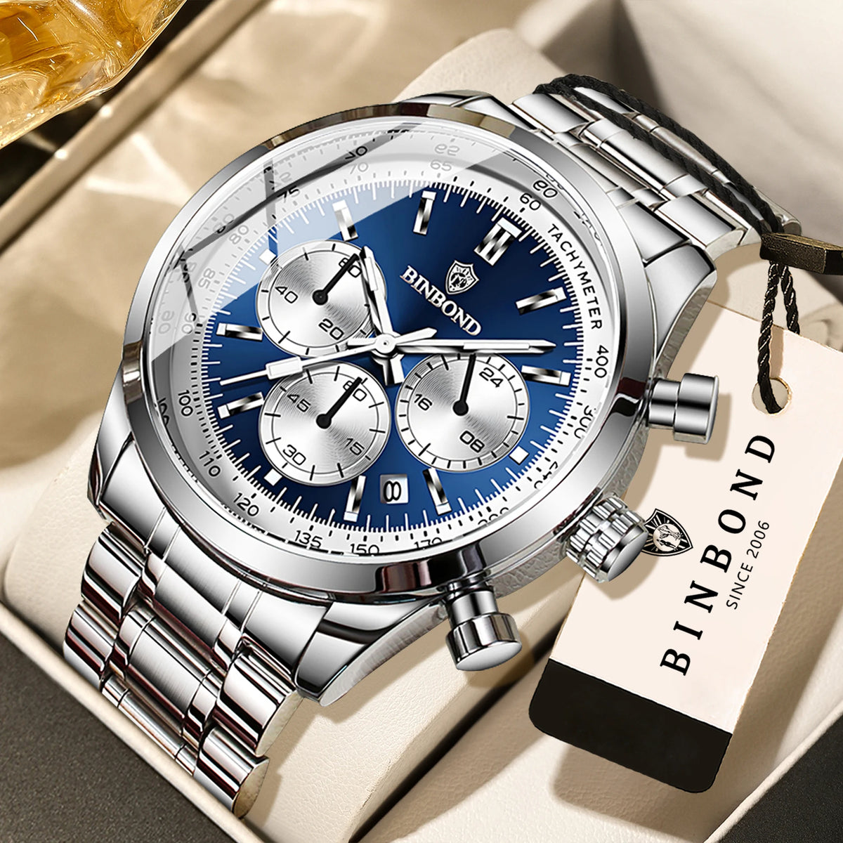 Montre à quartz BINBOND pour homme, élégante, robuste et précise, avec date automatique, chronographe, lumineuse et étanche. Style décontracté.