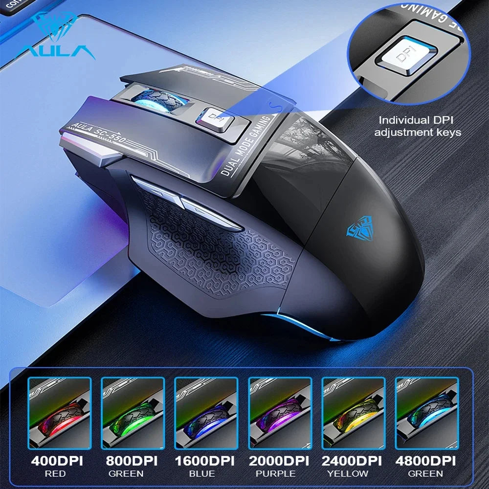 AULA SC550 bežični gaming miš, dvostruki način rada, punjivi svjetleći mehanički gaming miš za stolno/prijenosno računalo, e-sports USB miš