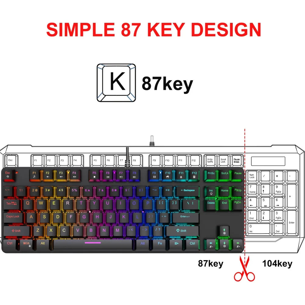 New Computer Keyboard Waterproof Portable Gaming Keyboard Backlit Ergonomics Colorful Keyboard Computer Accessories 87 Keys Usb