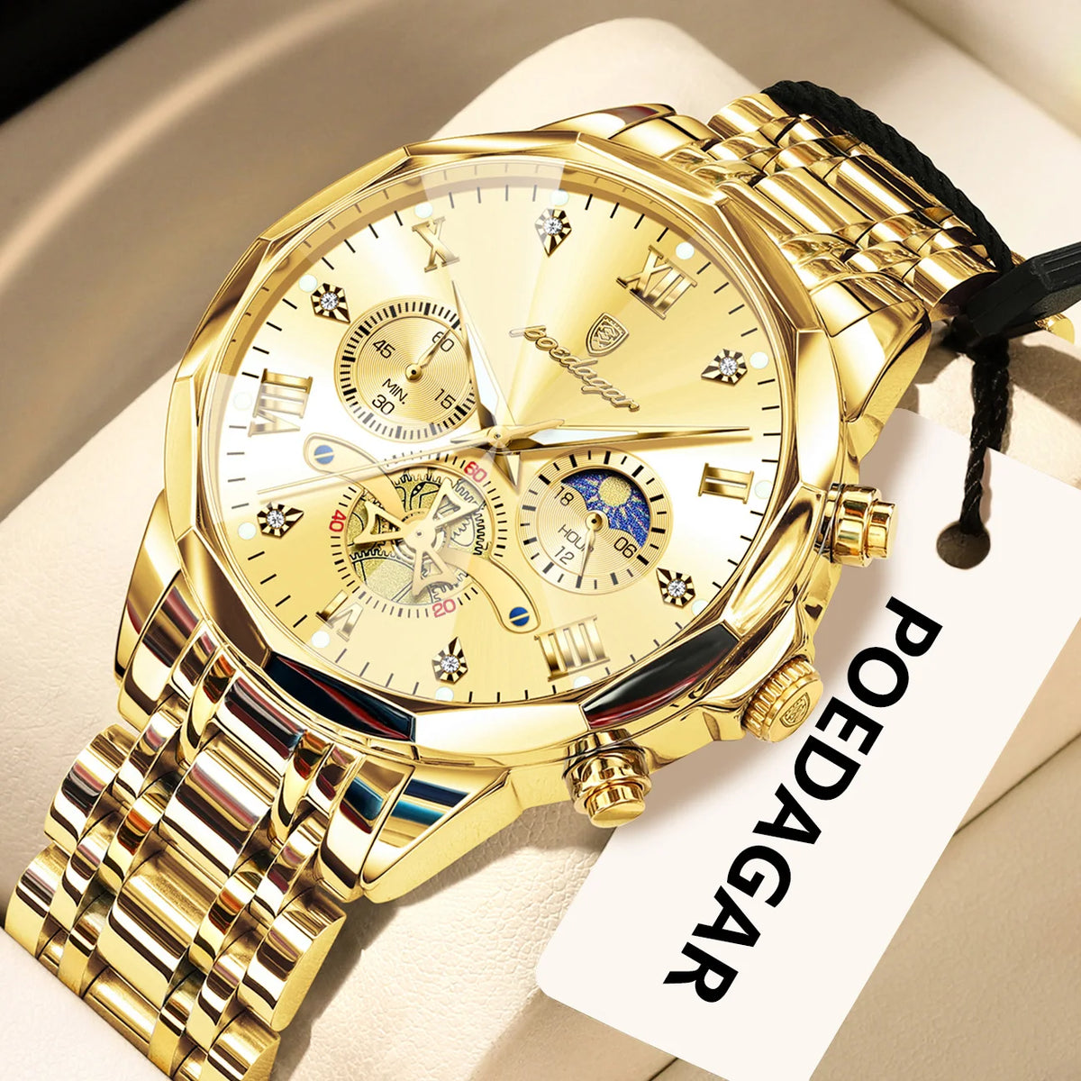 Reloj de lujo original para hombre POEDAGAR, resistente al agua, cronógrafo luminiscente, reloj de pulsera de acero inoxidable con mecanismo de cuarzo, relojes de alta gama para hombre