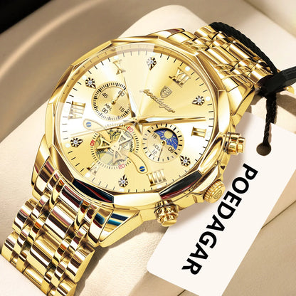 Reloj de lujo original para hombre POEDAGAR, resistente al agua, cronógrafo luminiscente, reloj de pulsera de acero inoxidable con mecanismo de cuarzo, relojes de alta gama para hombre