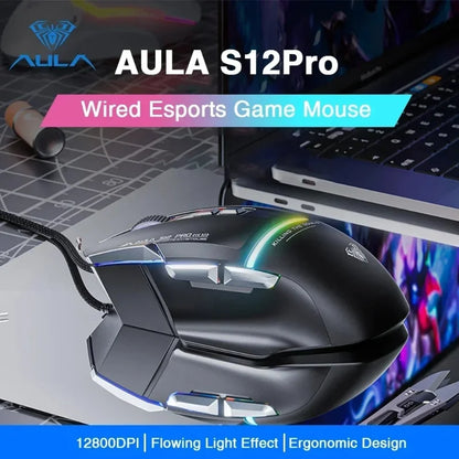 AULA S12Pro káblová mechanická myš 1000HZ 12800DPI RGB s nízkou latenciou, programovateľnými makrami – e-športová herná myš, príslušenstvo pre PC hráčov
