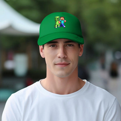 blocky adventurer discover a Creepers monster behind him Trucker Cap Sun Hats Cap Adjustable Snapback Caps Mesh Baseball Cap