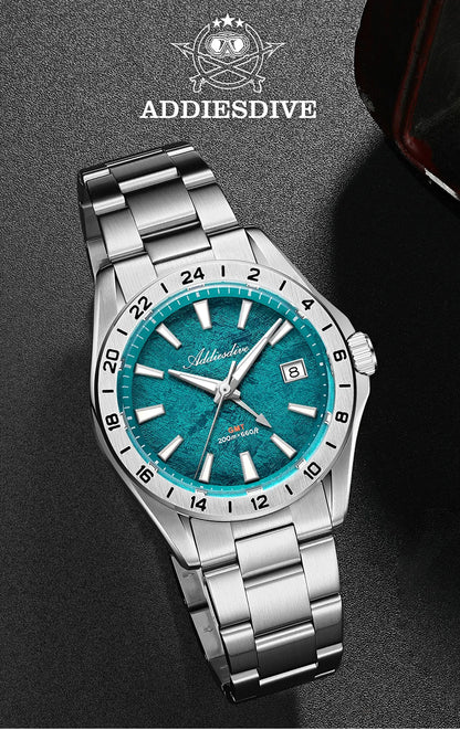 ADDIESDIVE GMT Men Quartz Watch Sapphire Crystal Swiss Ronda 515-24H Dual Time BGW9 Super Luminous 20Bar Waterproof Diver Watch