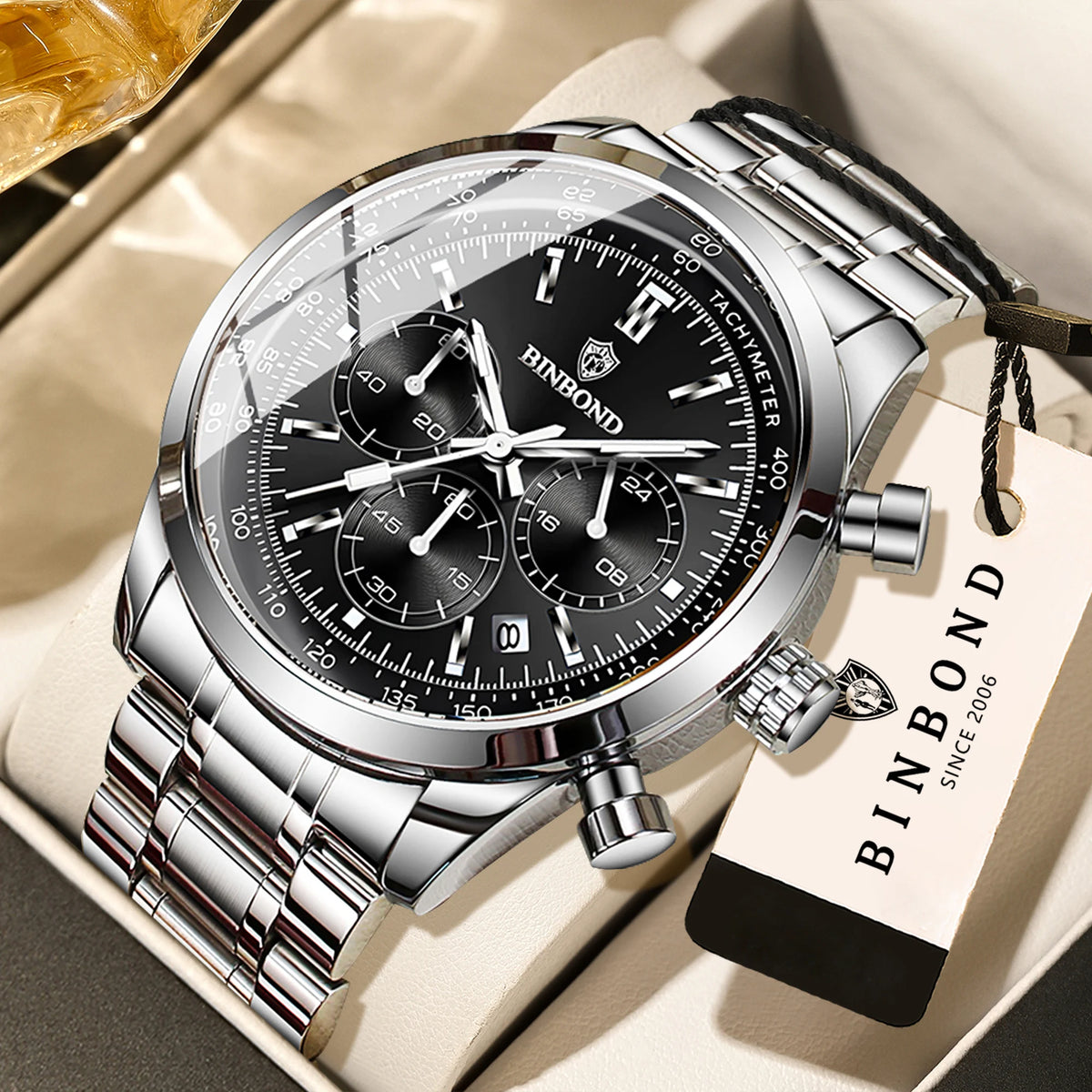 Montre à quartz BINBOND pour homme, élégante, robuste et précise, avec date automatique, chronographe, lumineuse et étanche. Style décontracté.