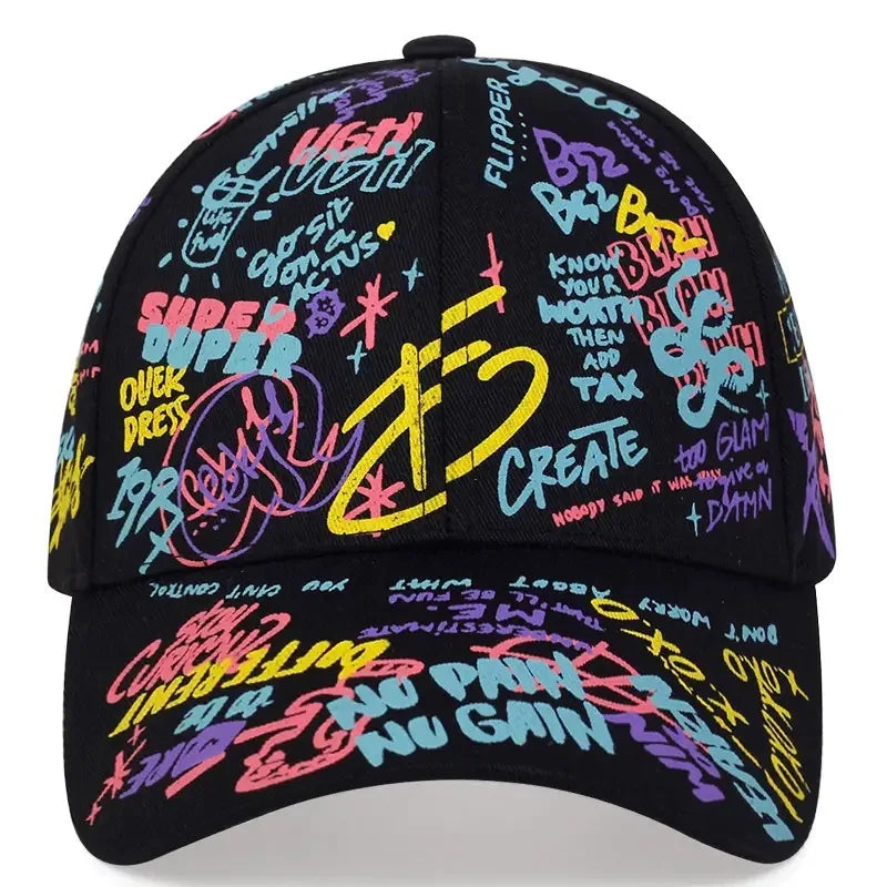 Cappellino da baseball hip-hop con graffiti colorati, cappellino casual con visiera a becco d’anatra stampato per proteggersi dal sole, personalizzabile per uomo e donna