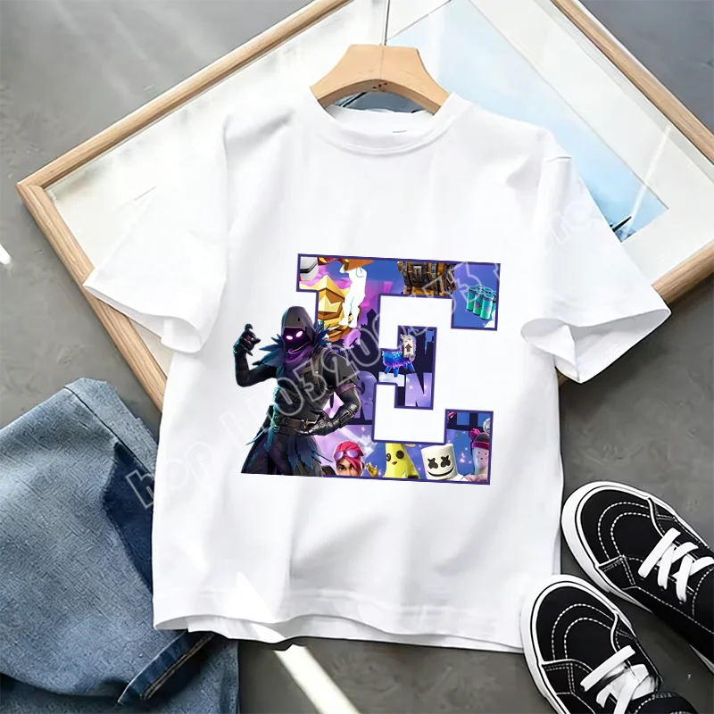 Fortnite A-Z Alphabet Print T Shirt Summer Kids White Clothing Popular Cartoon Game T Shirt Fashion Casual Short Sleeve Top Gift
