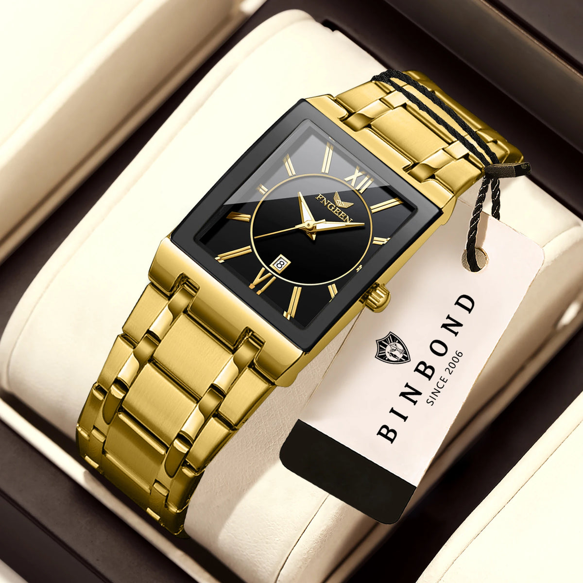 Luxuriöse BINBOND-Herrenarmbanduhr mit präzisem Quarzwerk, Leuchtzeiger, wasserdicht, automatische Datumsanzeige, aus strapazierfähigem Edelstahl, lässiger Stil.