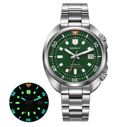 BERNY 20ATM Diver Watch For Men Mechanical Miyota 8215 Sapphire Sports Diving Luminous Anti-collision Crown Dual Crown Men Watch