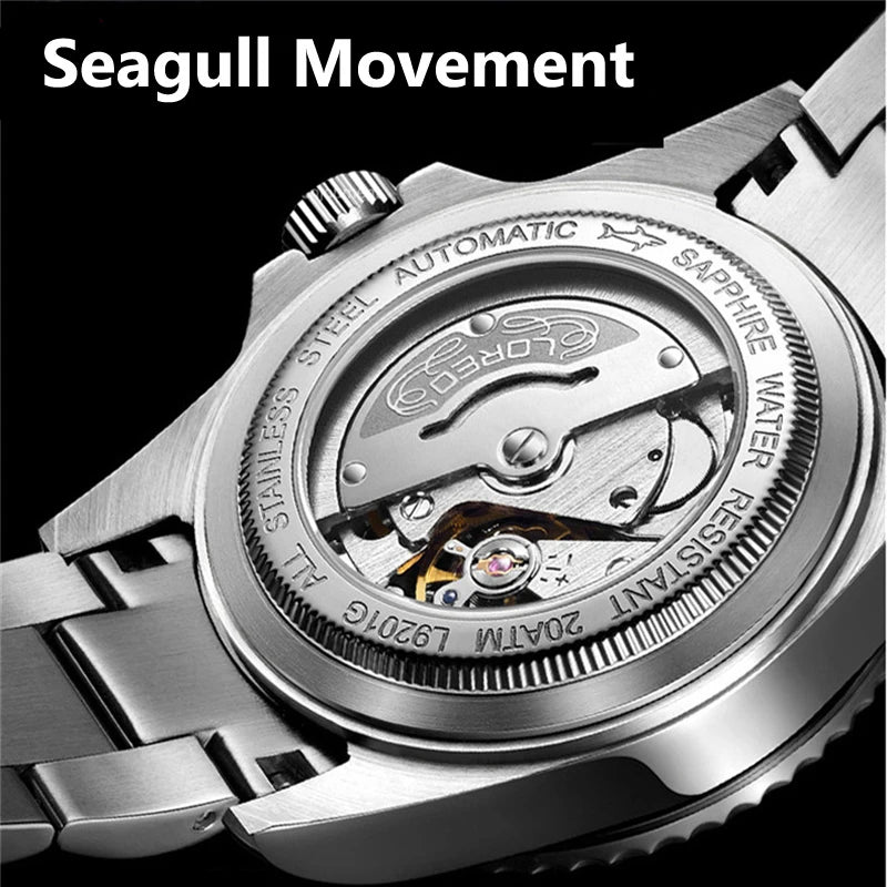 LOREO Original Men Business Watch 20ATM Waterproof Wristwatch Top Brand Casual Sport Seagull Automatic Mechanical Watch Men
