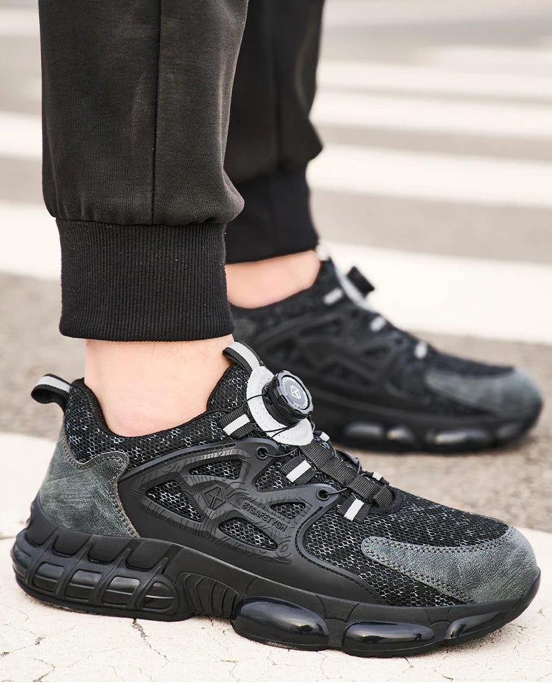 Zapatos de seguridad laboral para hombre talla 47 48 con diseño reflectante, puntera de acero, botón de rotación, zapatillas de trabajo y botas de seguridad protectoras