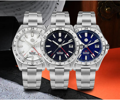Relógio de Luxo para Homem San Martin 39mm com Mostrador em Pedra Aventurina, NH34 GMT Automático Mecânico, Safira, Impermeável e Luminescente SN0129