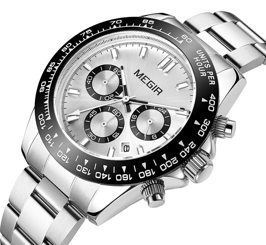 MEGIR men’s watch, luxury brand, quartz sports watch, stainless steel bracelet, water-resistant, chronograph, wristwatch