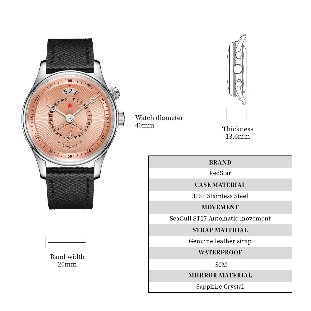 Red Star 40mm Premium Men's Watch with Seagull ST1716 Movement 3ATM Waterproof Calendar Automatic Mechanical Watch for Men
