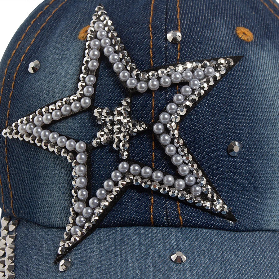 Y2K Pentagram Denim Cloth Baseball Cap Women Fashion Vintage Snapback Men Female Hip hop Shiny Rhinestone Hat For Spring Autumn