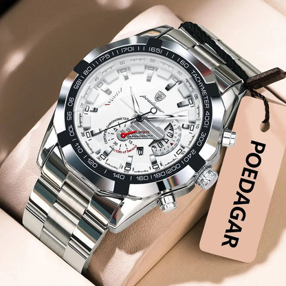 Reloj de lujo para hombre POEDAGAR, resistente al agua, luminiscente, con fecha, deportivo, correa de acero inoxidable, mecanismo de cuarzo.