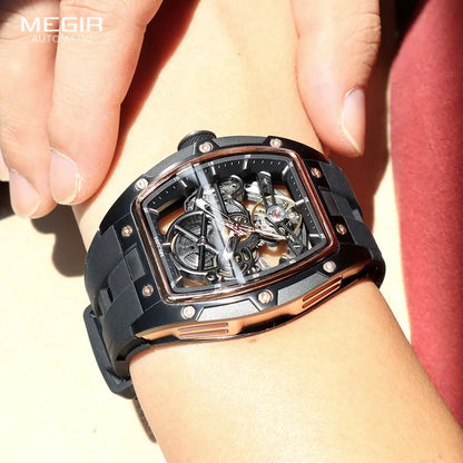 Relógio de pulso automático MEGIR para homem, com bracelete em silicone preto, impermeável, luminoso, desportivo e mecânico, com mostrador tonneau 2242