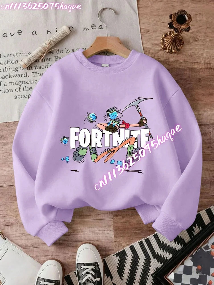 Sweat-shirts Fortnite novos para criança, hoodie com estampado de personagem de jogo em estilo cartoon, camisolas casuais de outono para criança, roupa de inverno para bebé menino