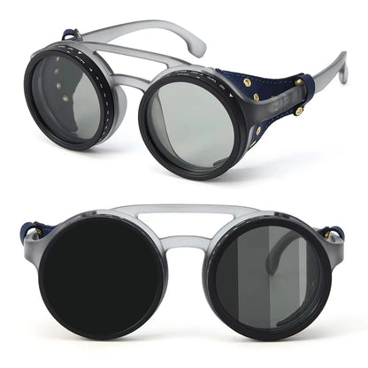 Adjustable 9-Gear ND Filter Steampunk Sunglasses UV400 Round Retro Punk Sun Glasses with Side Shields Leather Patch for Men Wome