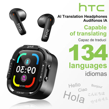 HTC NE70 Bluetooth 5.3 TWS Earbuds Touch Screen AI Translator Gaming Earphones with Noise Reduction, Deep Bass Wireless In-Ear Headphones