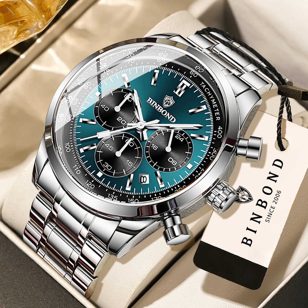 Montre à quartz BINBOND pour homme, élégante, robuste et précise, avec date automatique, chronographe, lumineuse et étanche. Style décontracté.