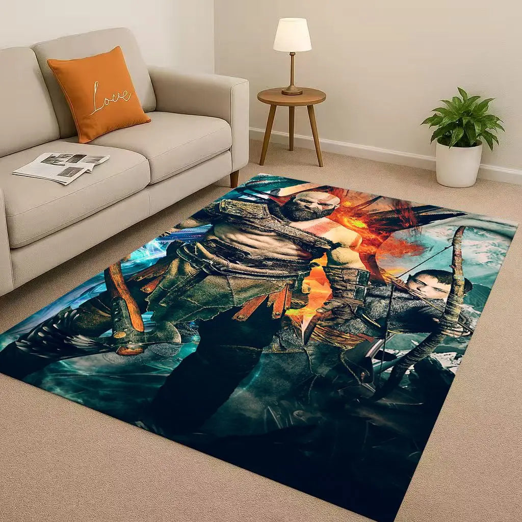 Kratos God of War Game Cartoon Gamer Living Room Non-Slip Area Rug Soft Carpet for Bedroom Playroom Sofa,Easy Clean Home Doormat