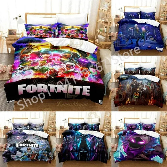 F-Fortnite 3PCS -vuodevaatesetti Battle Royale -lapsille, pussilakana, peitto ja tyynyliina, Double Size, Victory Game -makuuhuoneen liinavaatesisustus