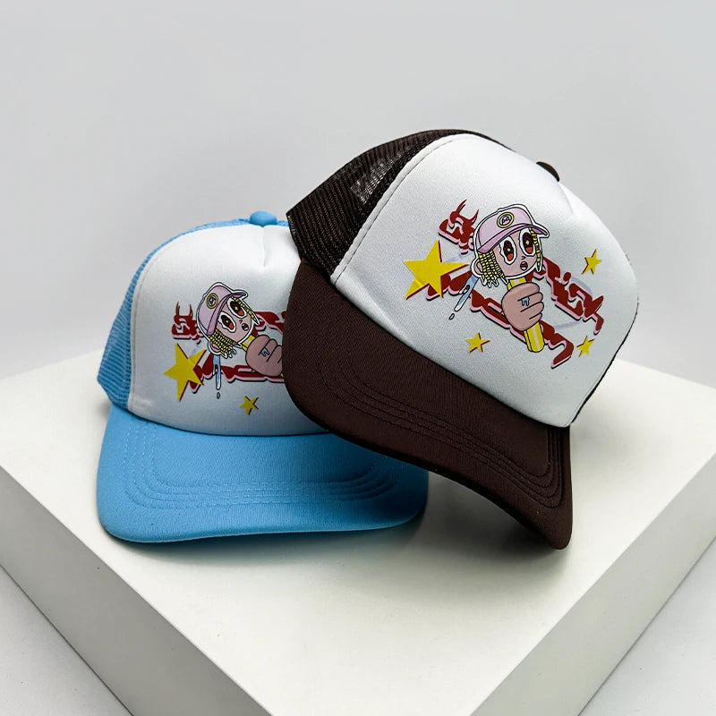 American Style Cruise Printed Anime New Letter Mesh Trucker Caps Sunshade Breathable Baseball Hats Men Women Versatile Fashion