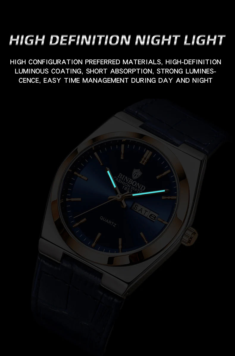 BINBOND Luxury leather strap quartz wristwatches precise luminous waterproof auto date week display durable men's watch reloj
