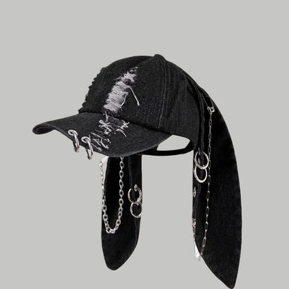 Celebrity-Inspired Niche Rabbit Ear Denim Ripped Baseball Cap Washed Graffiti Hip-Hop Sun Hat Trendy Cap