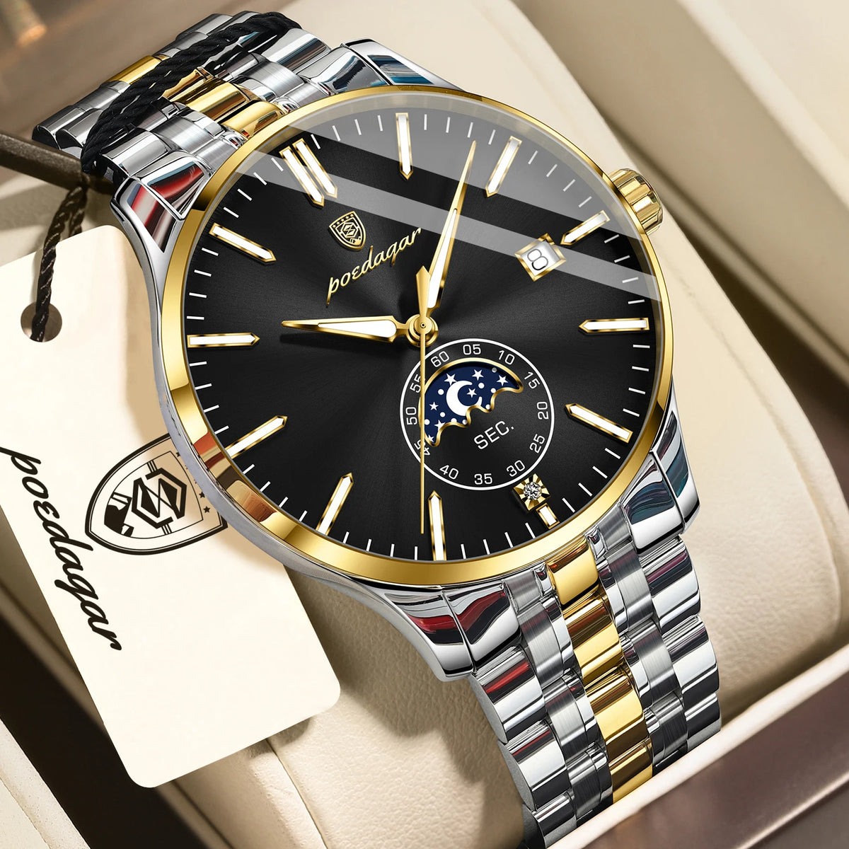 Montre homme de luxe POEDAGAR, style décontracté, en acier inoxydable, à quartz, étanche, lumineuse, avec date, élégante.